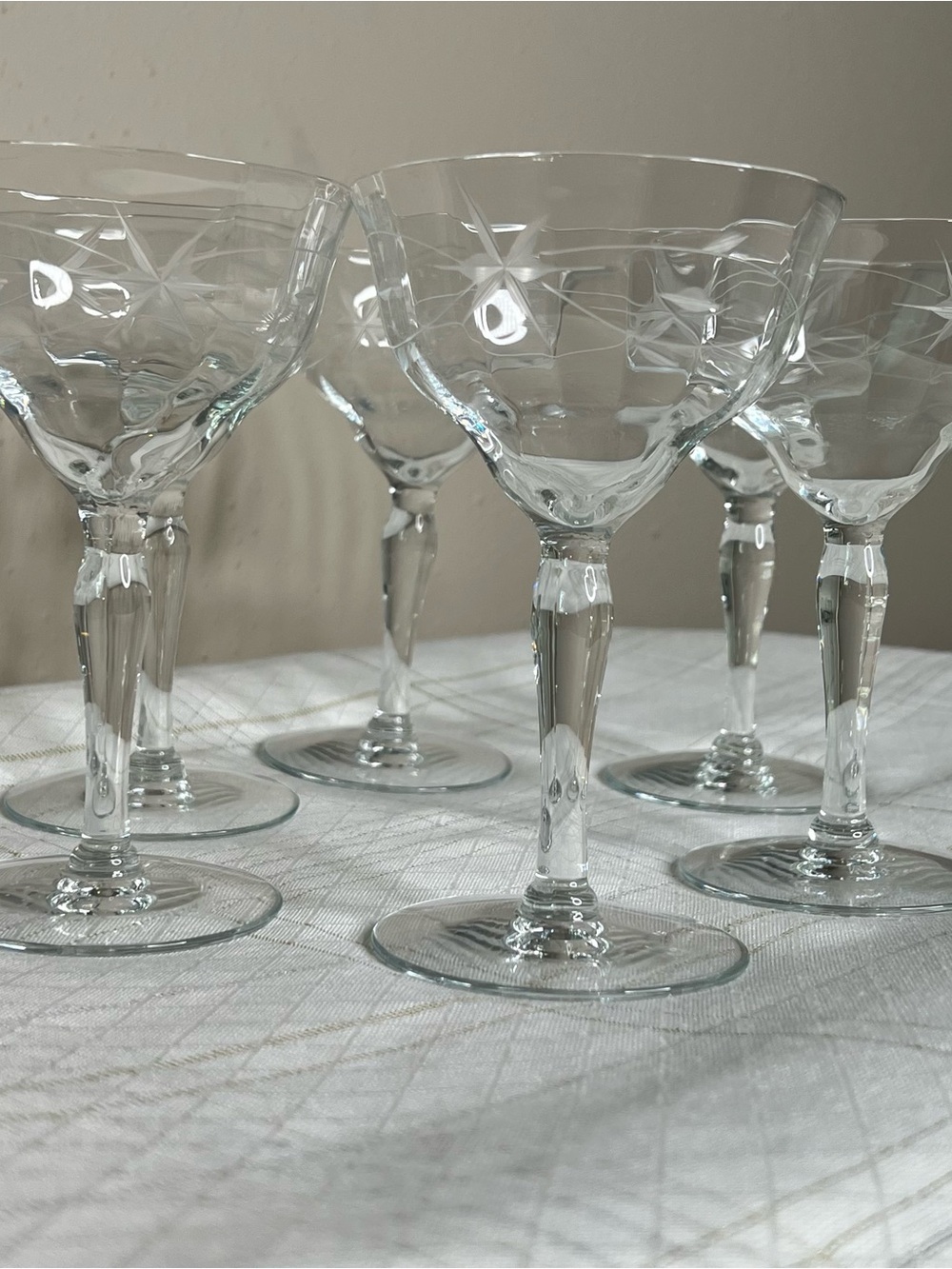 Vintage Champagne, Martini Etched Floral Faceted Optic Design Glasses Set of 6